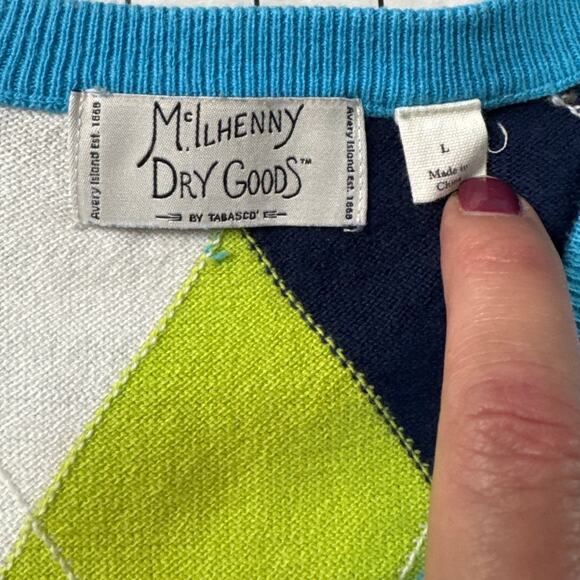 McIlhenny Dry Goods Blue Green Argyle Academia V Neck Sweater Vest Large - Picture 6 of 6